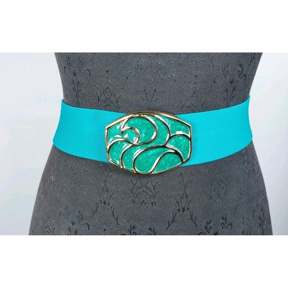 Vtg 80s Day-Lor USA Enlay Enamel Buckle Stretch Belt Sz Med‎ 2"x25" Teal *READ